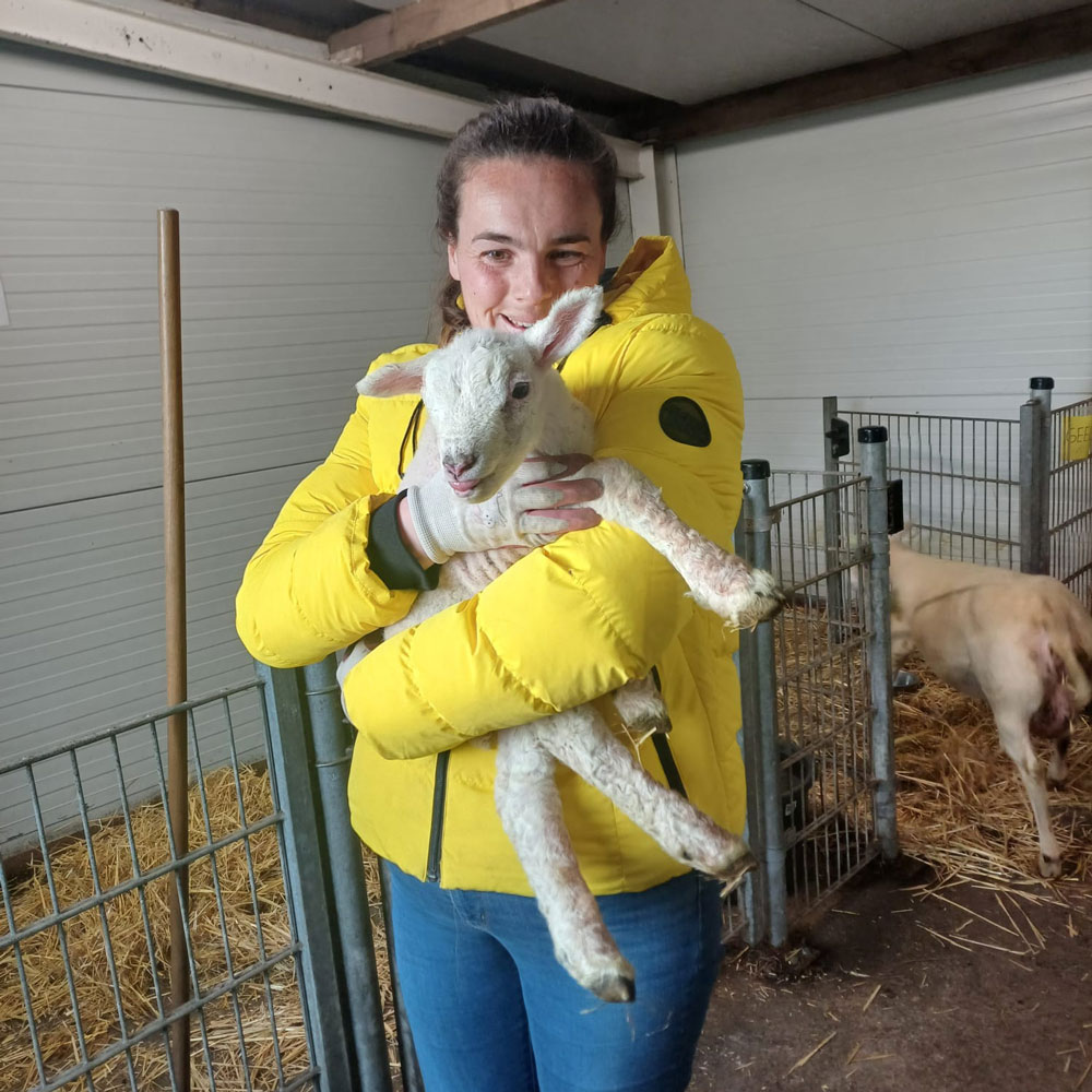 Een vrouw in een gele jas houdt een lammetje vast, met een vriendelijke glimlach op haar gezicht.