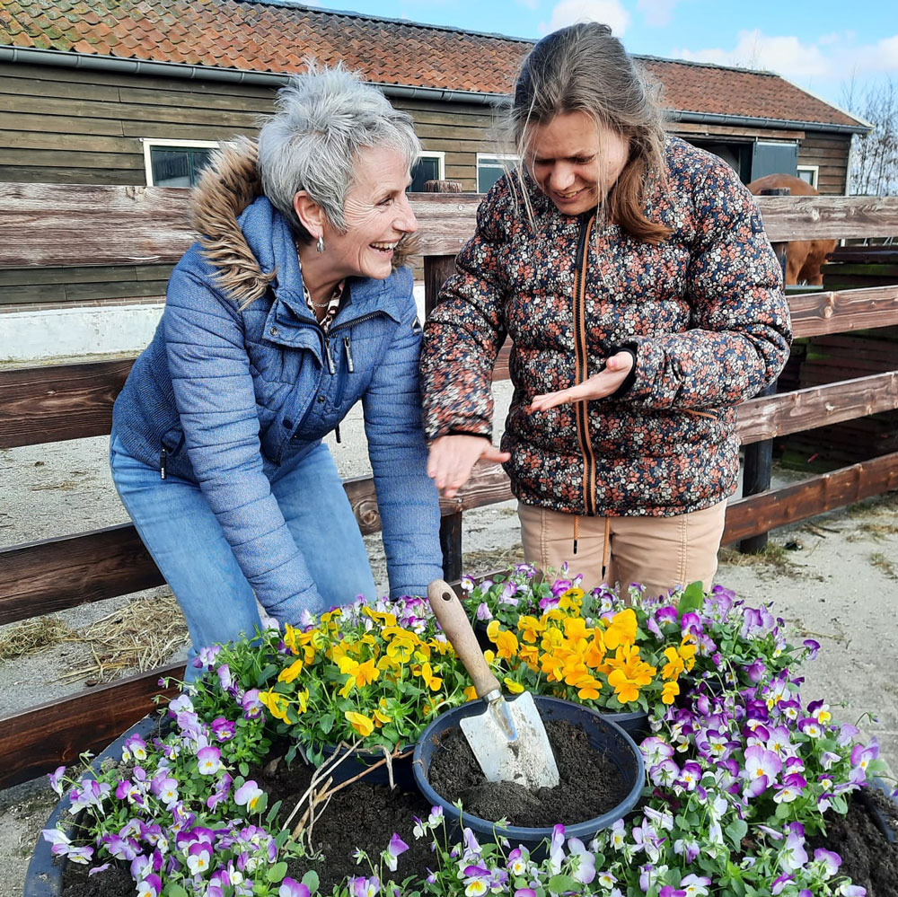 Twee vrouwen planten bloemen in een bloembed, omringd door groene planten en aarde.
